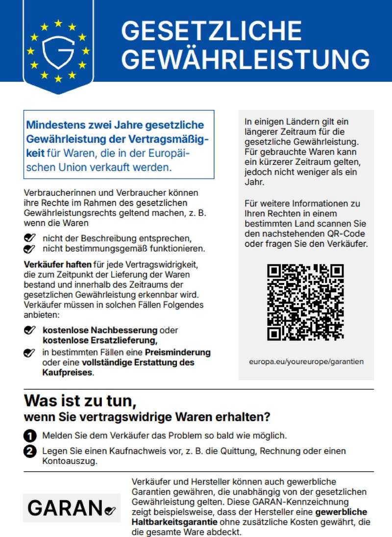 Harmonisierte Mitteilung über das gesetzliche Gewährleistungsrecht: mindestens zwei Jahre gesetzliche Gewährleistung für Waren, die in der EU verkauft werden